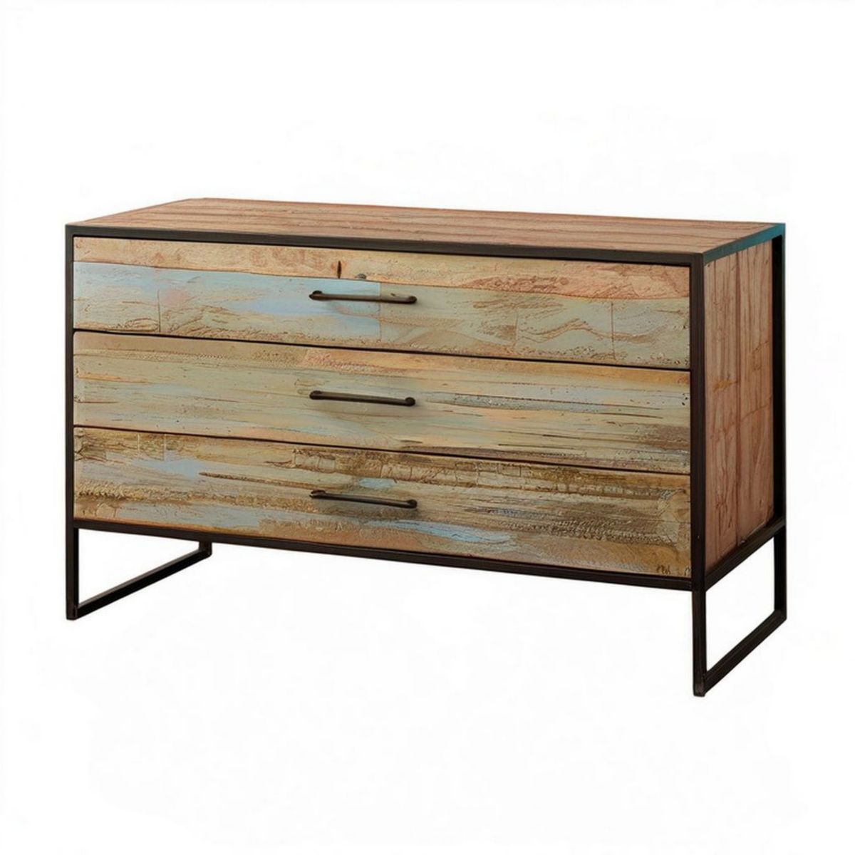 Kommode aus recyceltem Mango-Massivholz mit 3 Schubladen, 110 x 35 x 75 cm, Natur/Braun/Türkis/Schwarz