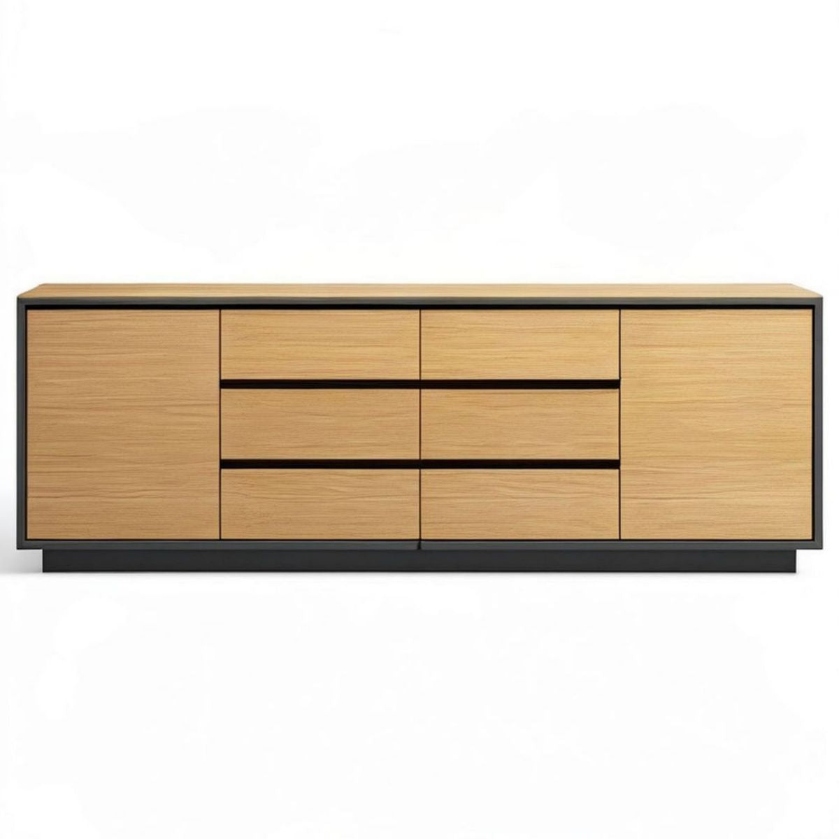 Sideboard mit 6 Schubladen und 2 Türen, 180 x 45 x 75 cm, Eichenfurnier Natur/Schwarz