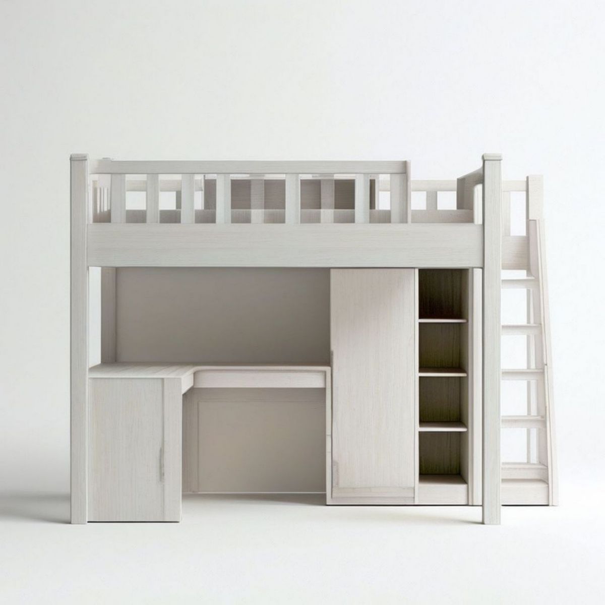 Weisses Hochbett 90 x 200 cm mit Schreibtisch, Schrank, Regal und Leiter