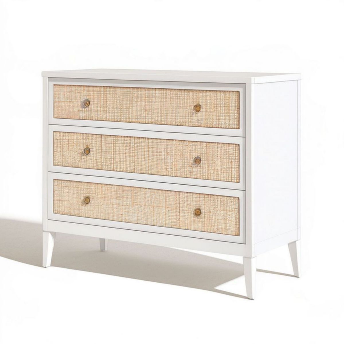 Kommode mit 3 Schubladen, 100 x 40 x 80 cm, Weiss/Naturbeige, MDF und Rattan