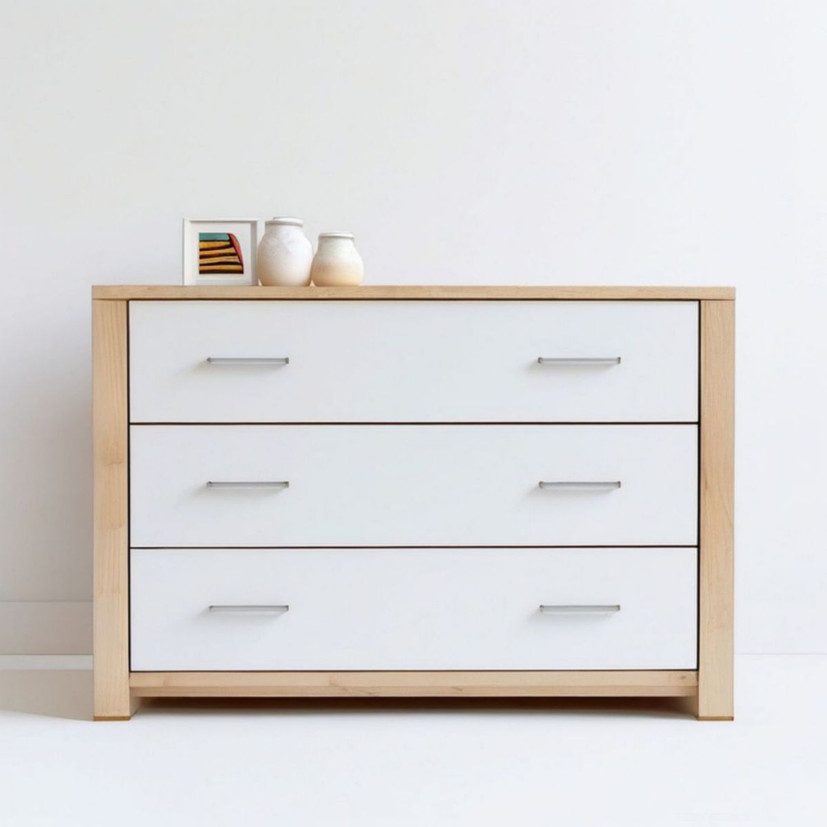 Kommode mit 3 Schubladen, 120 x 45 x 80 cm, Weiss/Natur, Kiefernholz und MDF