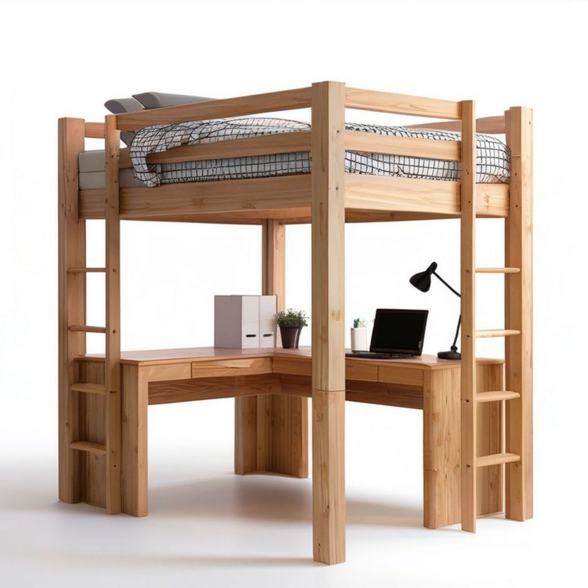 Hochbett 90 x 200 cm mit integriertem Schreibtisch aus massivem Kiefernholz, Natur