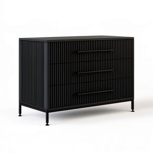 Schwarze Kommode mit 3 Schubladen, 120 x 45 x 85 cm, MDF und Stahl