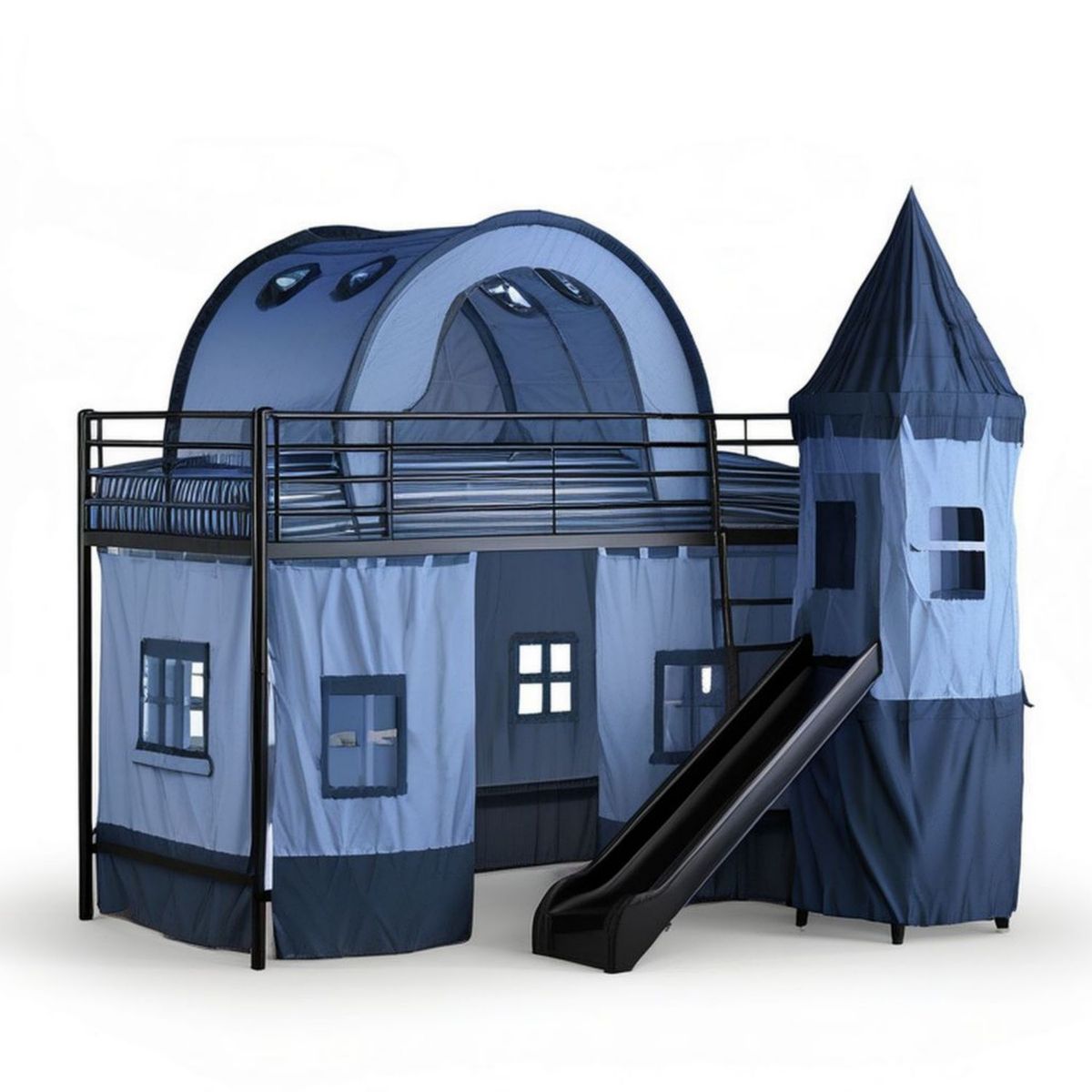 Hochbett mit Rutsche, Turmzelt und Spielvorhang, 90 x 200 cm, Blau/Dunkelblau/Schwarz