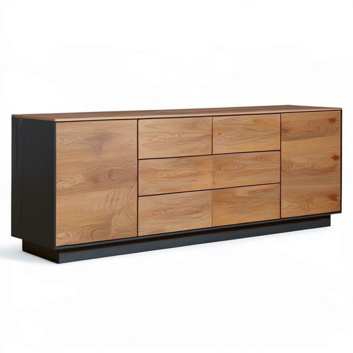 Sideboard mit 2 Türen und 5 Schubladen, 180 x 45 x 80 cm, Eichenfurnier Natur/Schwarz